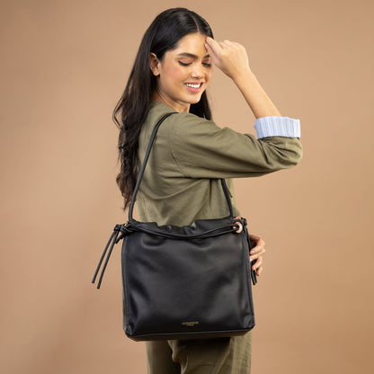 Women's Black Ruched Large Shoulder Bag