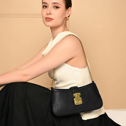 Black Harmony Chain Shoulder Bag with Gold Lock