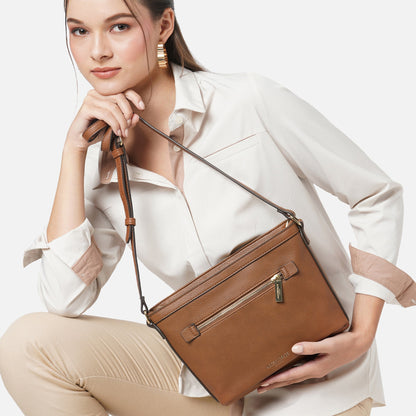 Women's Faux Leather Brown Top Zip Sling Bag