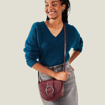 Women's Burgundy Faux Croc Ring Detail Saddle Bag