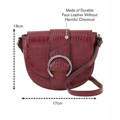 Women's Burgundy Faux Croc Ring Detail Saddle Bag