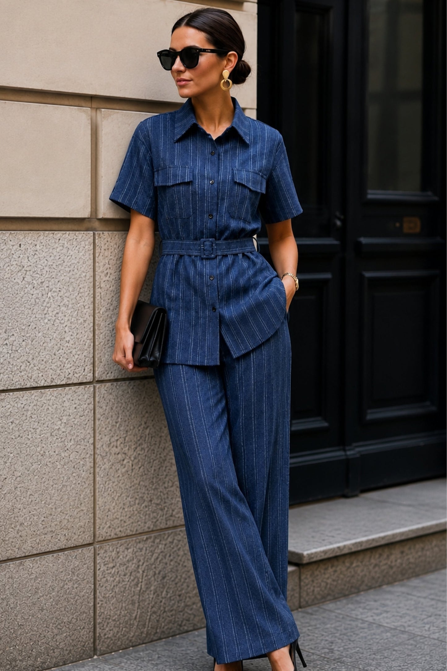 Indigo Stripe Utility Belted Co-ord Set