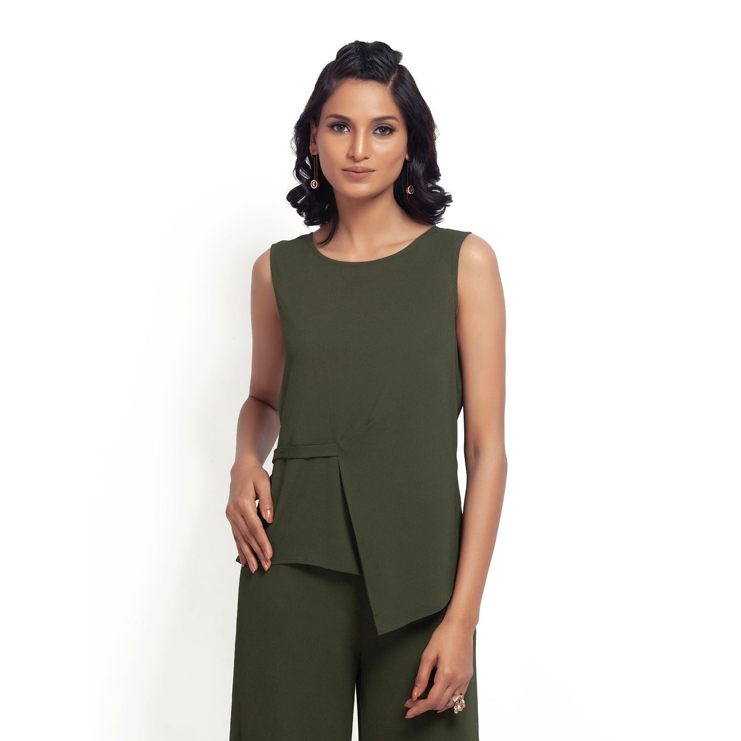 Green Crepe Top With Drape At Waist