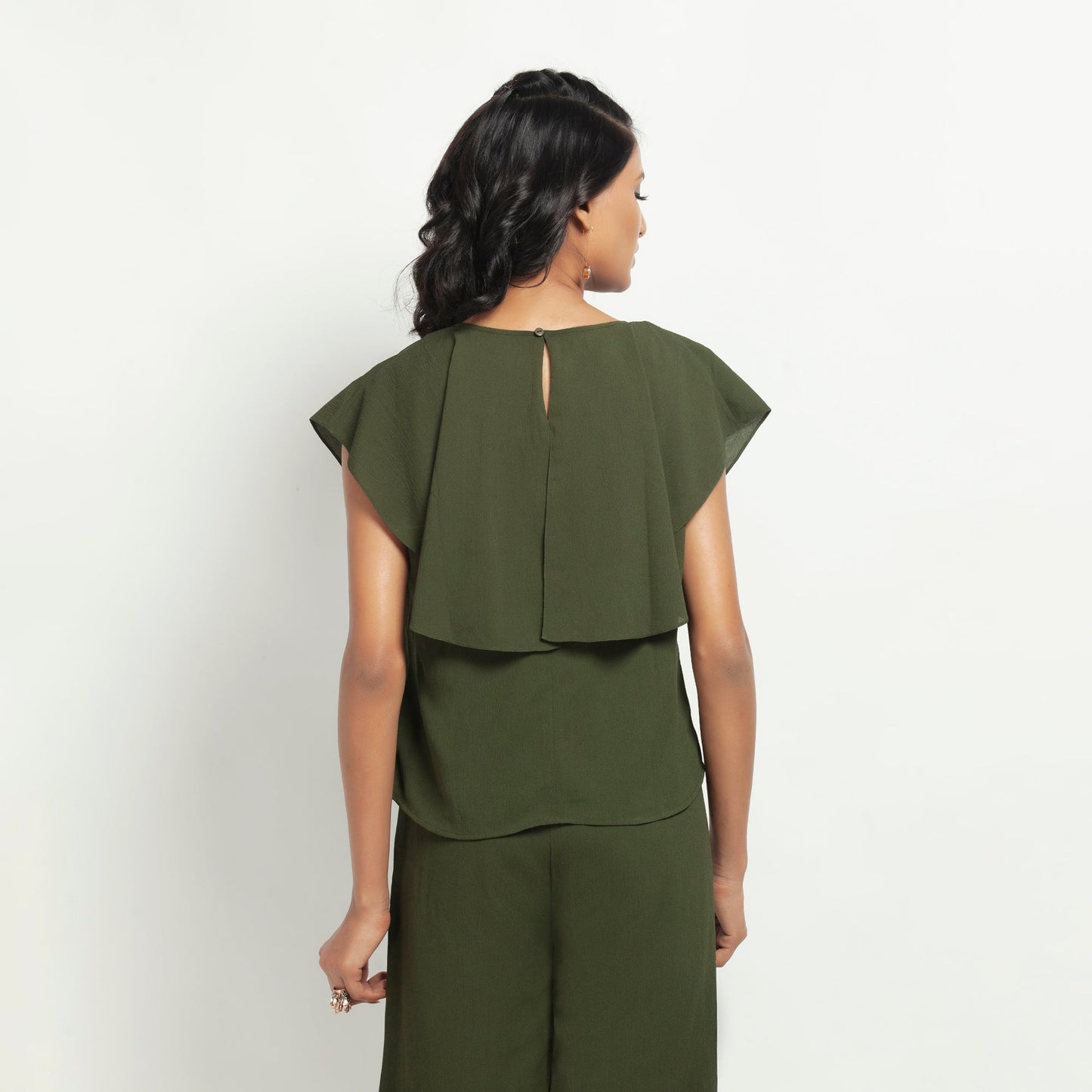 Green Crepe Top With Drape Shoulder