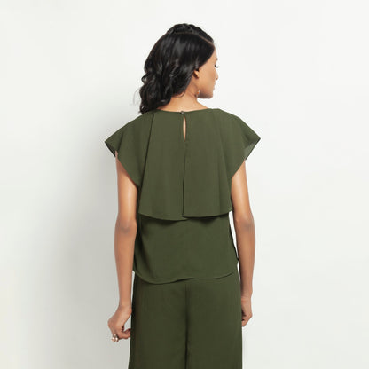 Green Crepe Top With Drape Shoulder