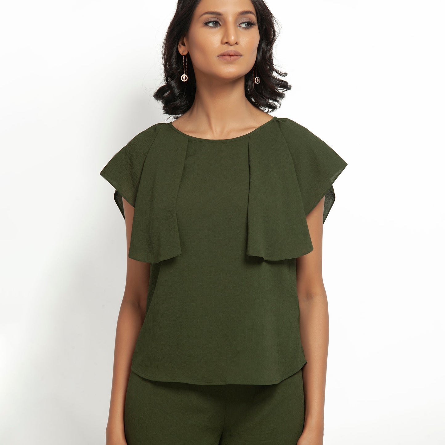Green Crepe Top With Drape Shoulder