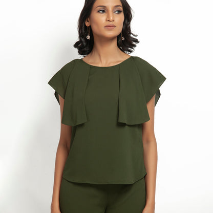Green Crepe Top With Drape Shoulder
