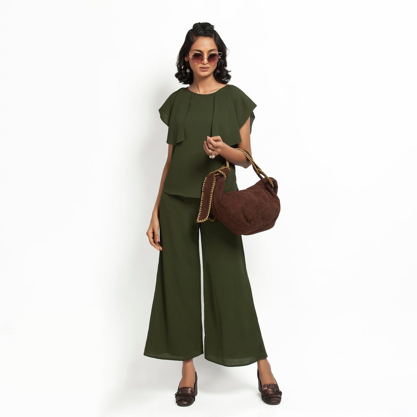 Green Crepe Top With Drape Shoulder