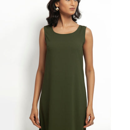 Green Crepe Without Sleeves Dress
