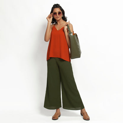 Green Crepe Plazzo With Lining