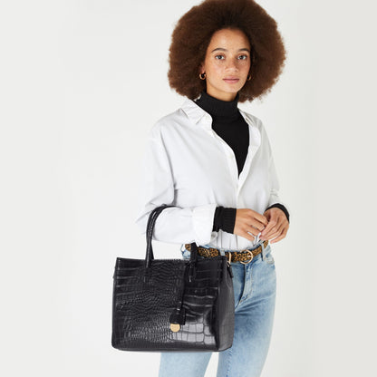 Women's Faux Leather Black Gemma croc handheld Satchel Bag