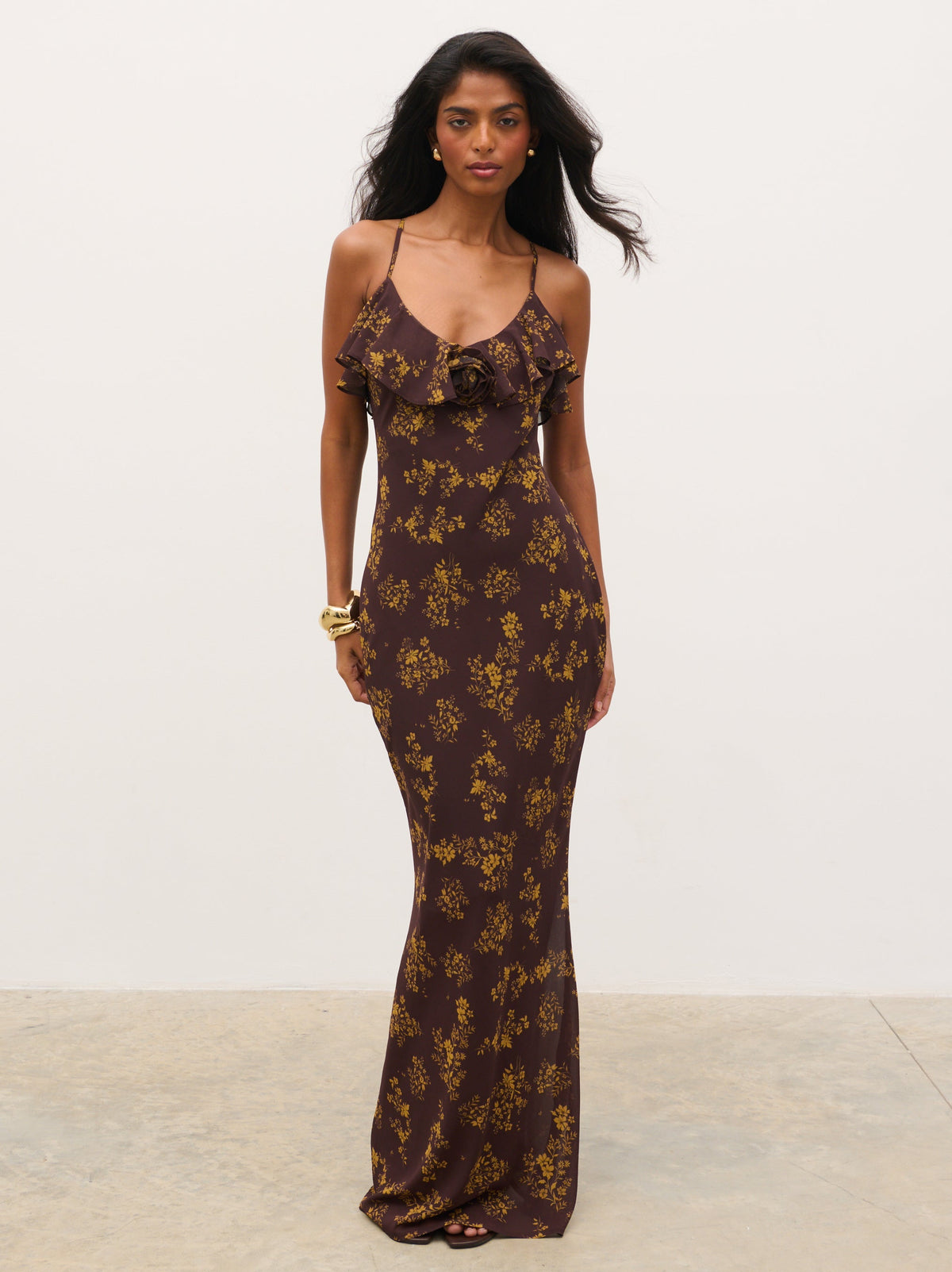 Marlowe Corsage Ruffle Maxi Dress - Brown and Orange Ditsy Floral