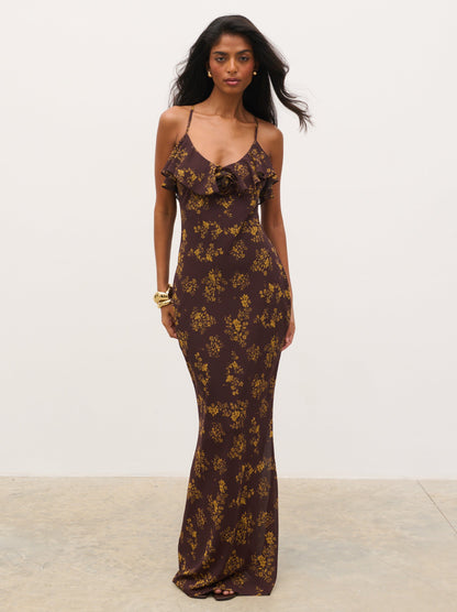 Marlowe Corsage Ruffle Maxi Dress - Brown and Orange Ditsy Floral