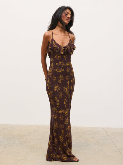 Marlowe Corsage Ruffle Maxi Dress - Brown and Orange Ditsy Floral