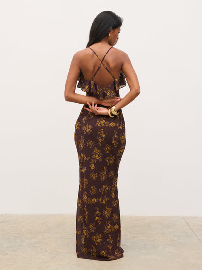 Marlowe Corsage Ruffle Maxi Dress - Brown and Orange Ditsy Floral