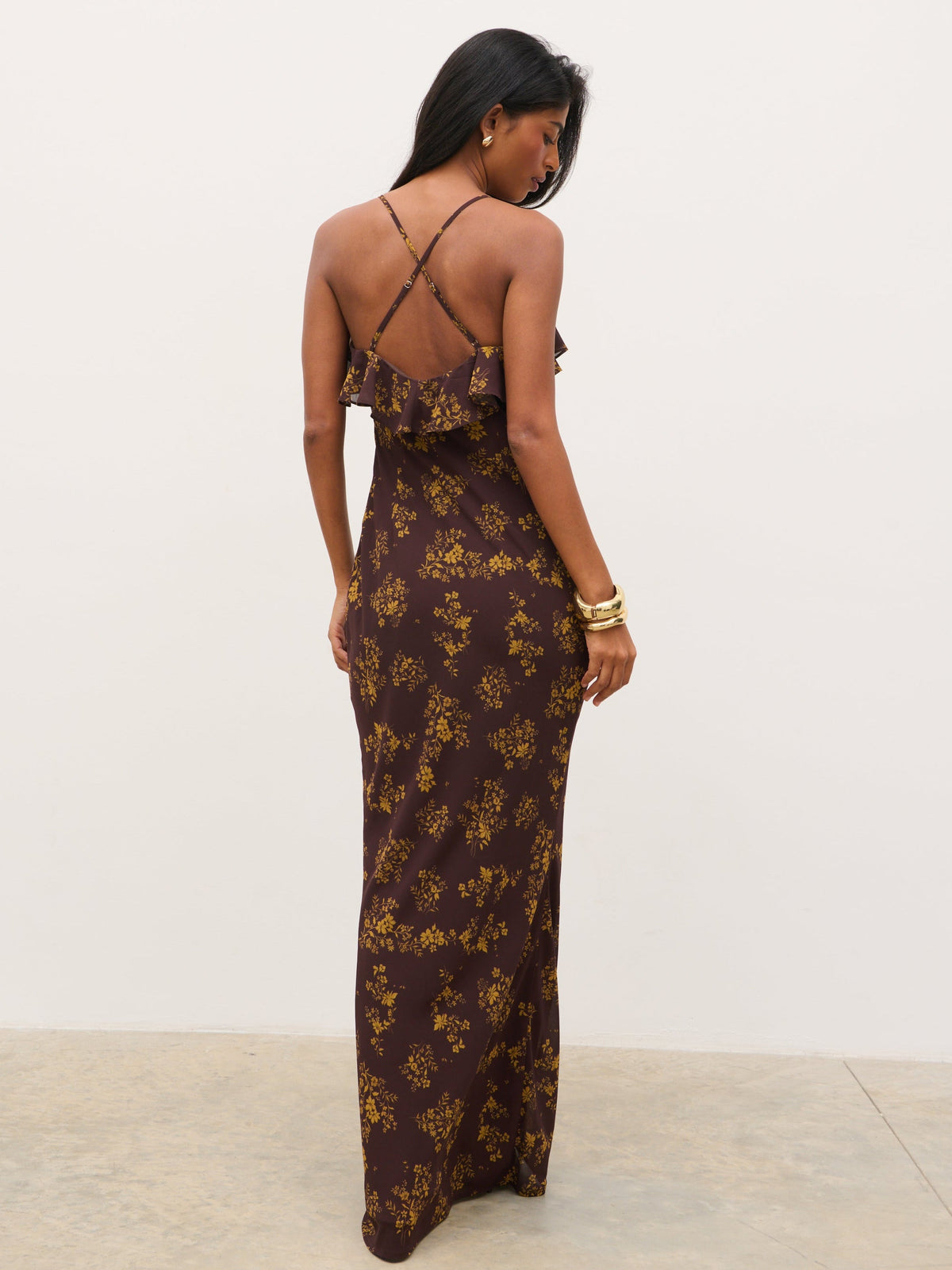 Marlowe Corsage Ruffle Maxi Dress - Brown and Orange Ditsy Floral