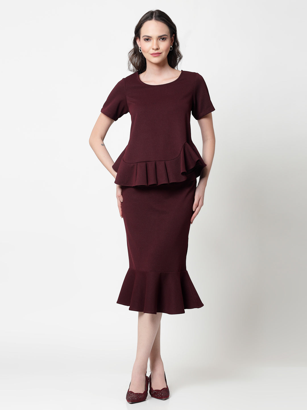 Maroon Lycra Fish Cut Skirt