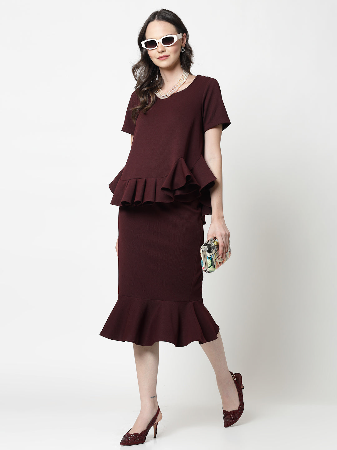 Maroon Lycra Fish Cut Skirt