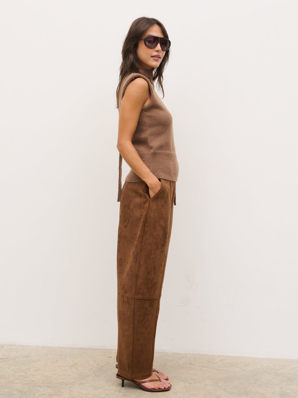 Ami Barrel Leg Suede Trousers - Tan Brown