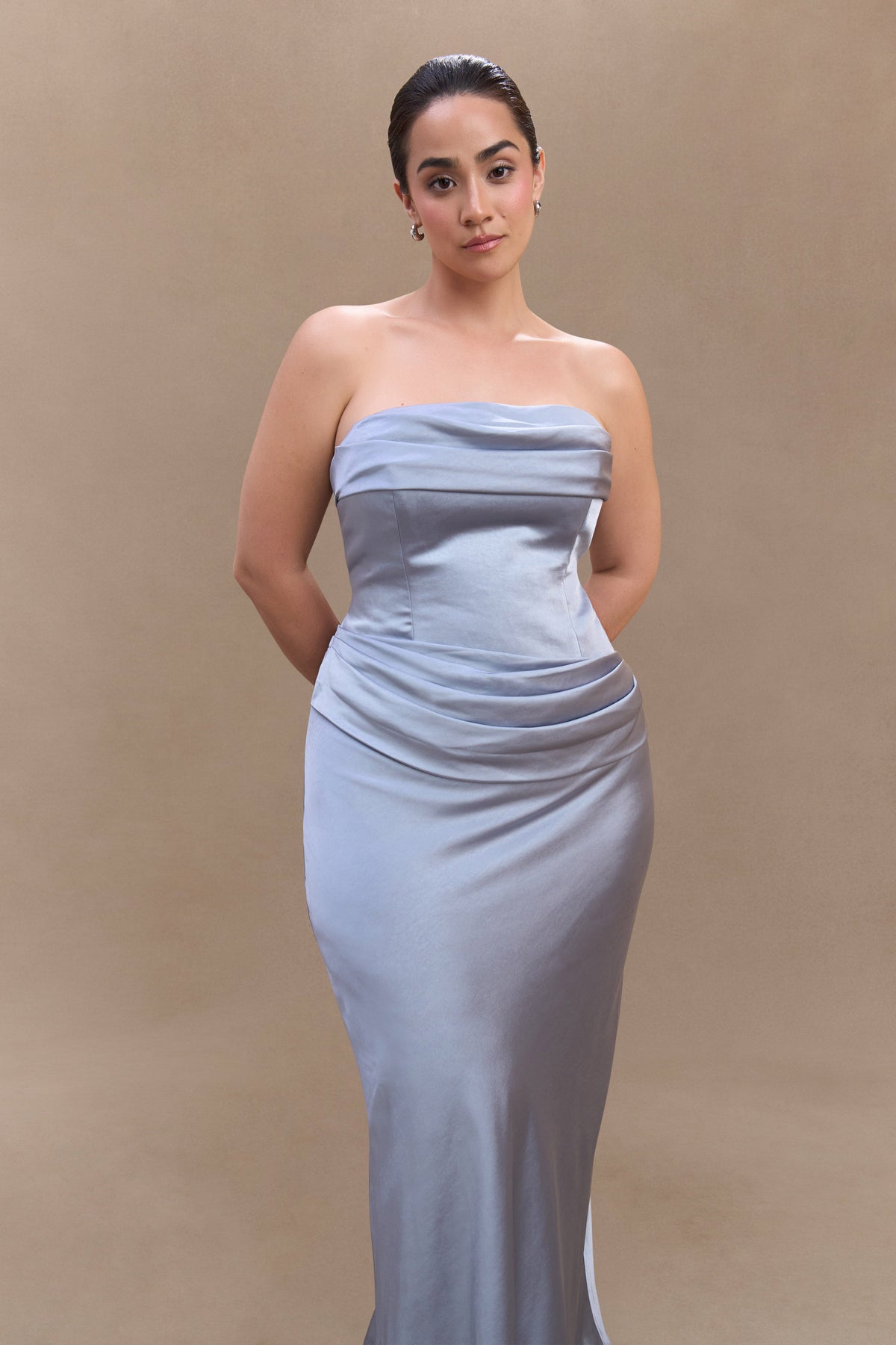 Jasmine Strapless Satin Maxi Dress - Frosted Blue