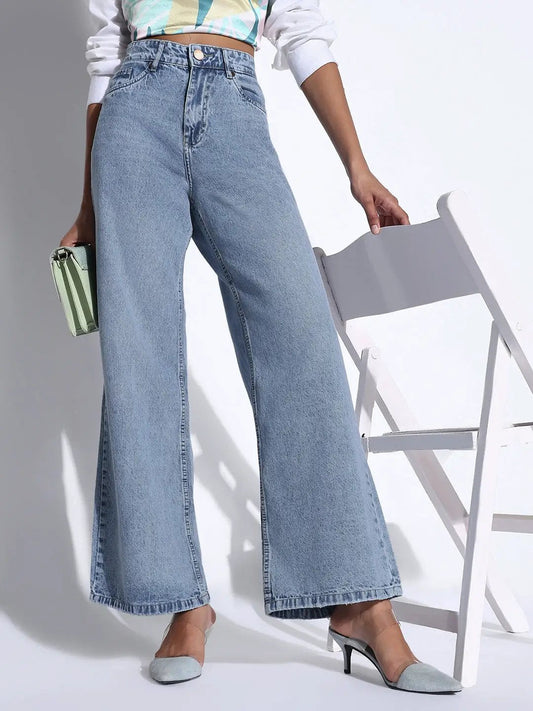 Women's Solid Blue Wide Leg Jeans