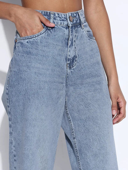 Women's Solid Blue Wide Leg Jeans