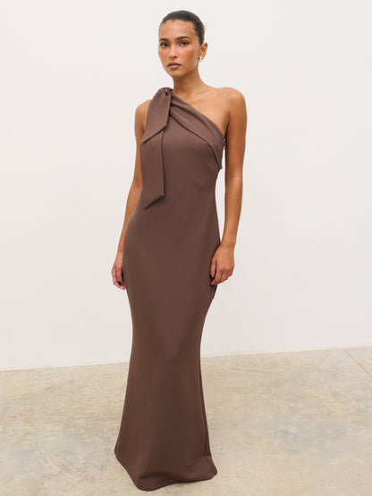 Nevaeh One Shoulder Crepe Maxi Dress - Chocolate Brown