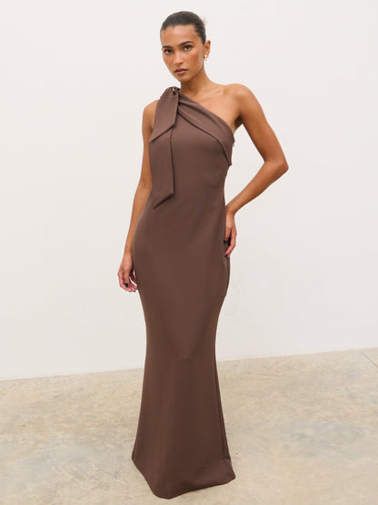 Nevaeh One Shoulder Crepe Maxi Dress - Chocolate Brown