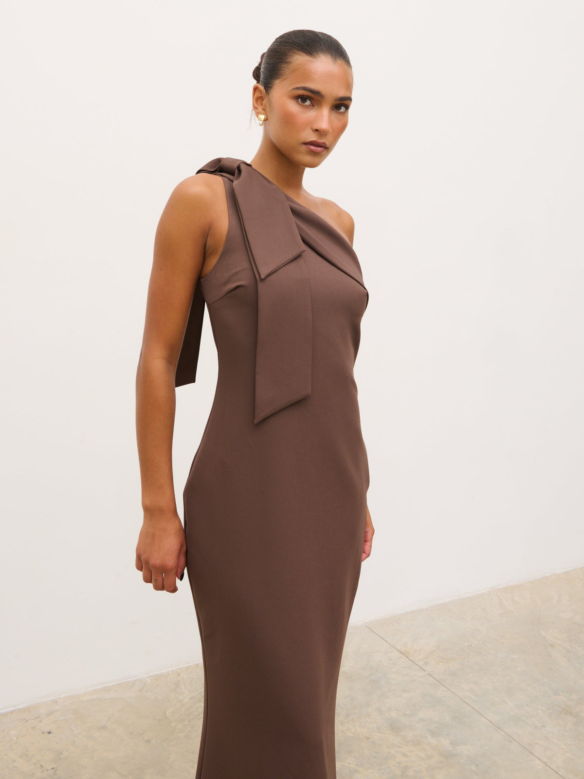 Nevaeh One Shoulder Crepe Maxi Dress - Chocolate Brown