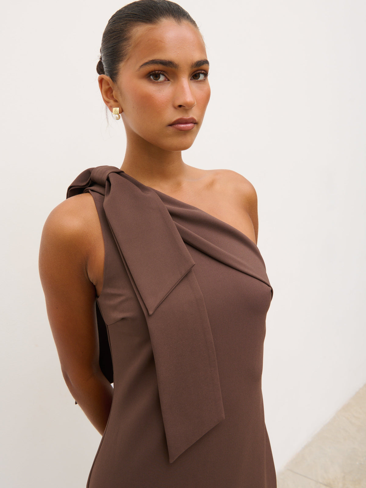 Nevaeh One Shoulder Crepe Maxi Dress - Chocolate Brown