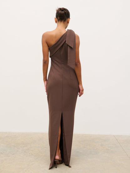 Nevaeh One Shoulder Crepe Maxi Dress - Chocolate Brown