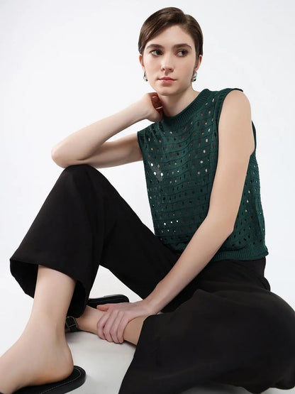 Women's Green Self Design High Neck Acrylic Top