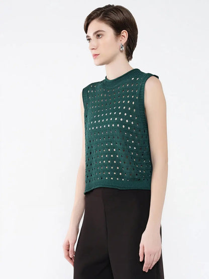 Women's Green Self Design High Neck Acrylic Top