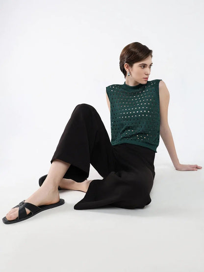 Women's Green Self Design High Neck Acrylic Top
