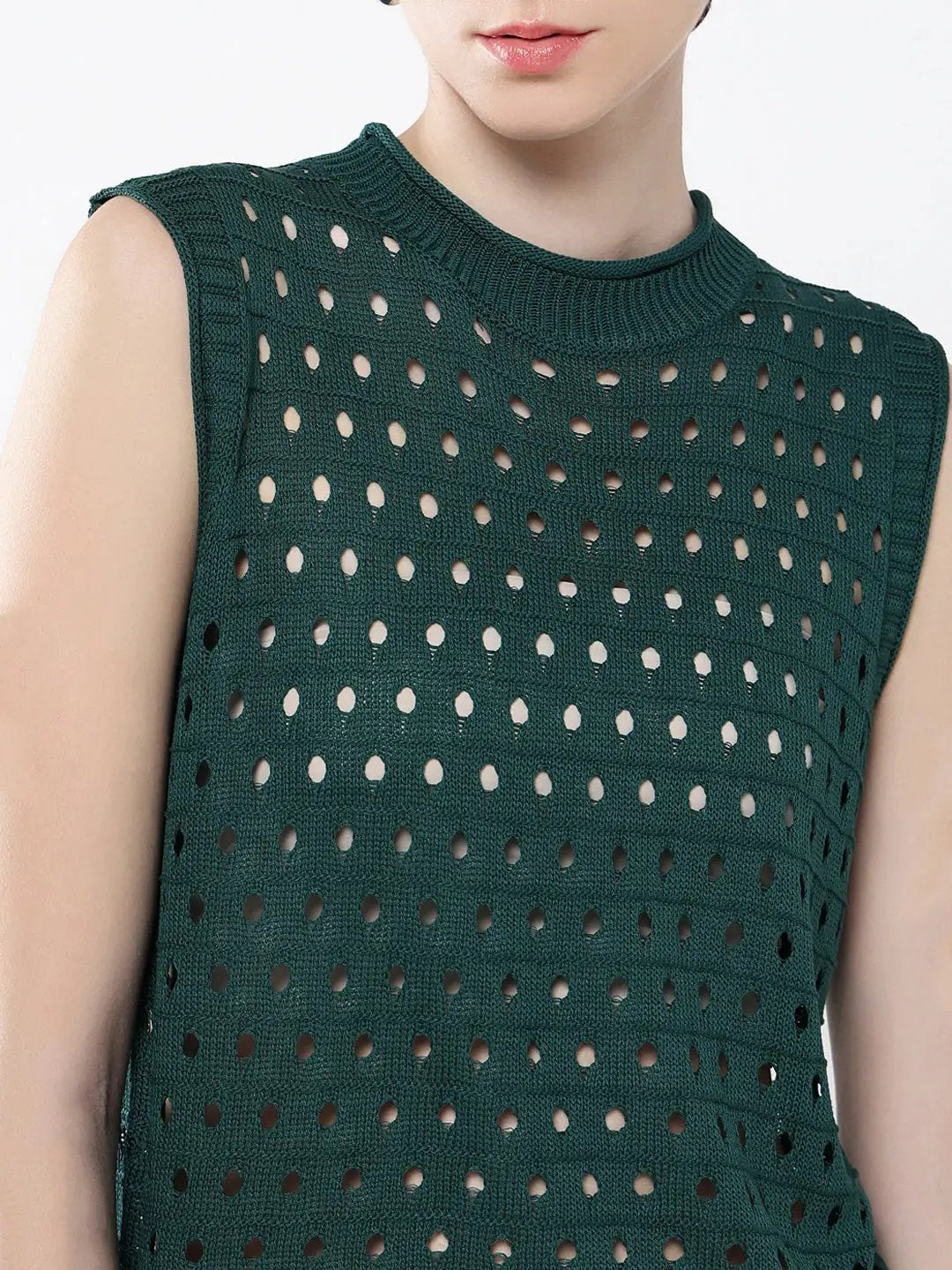 Women's Green Self Design High Neck Acrylic Top