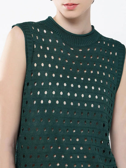 Women's Green Self Design High Neck Acrylic Top