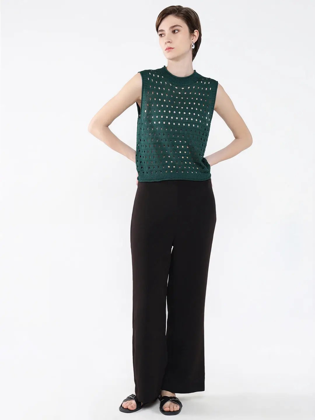 Women's Green Self Design High Neck Acrylic Top