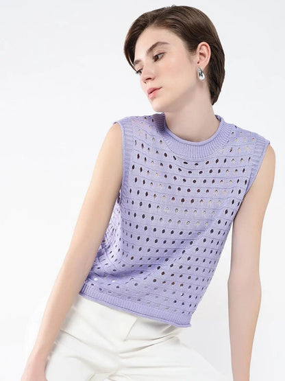 Women's Purple Self Design High Neck Acrylic Top
