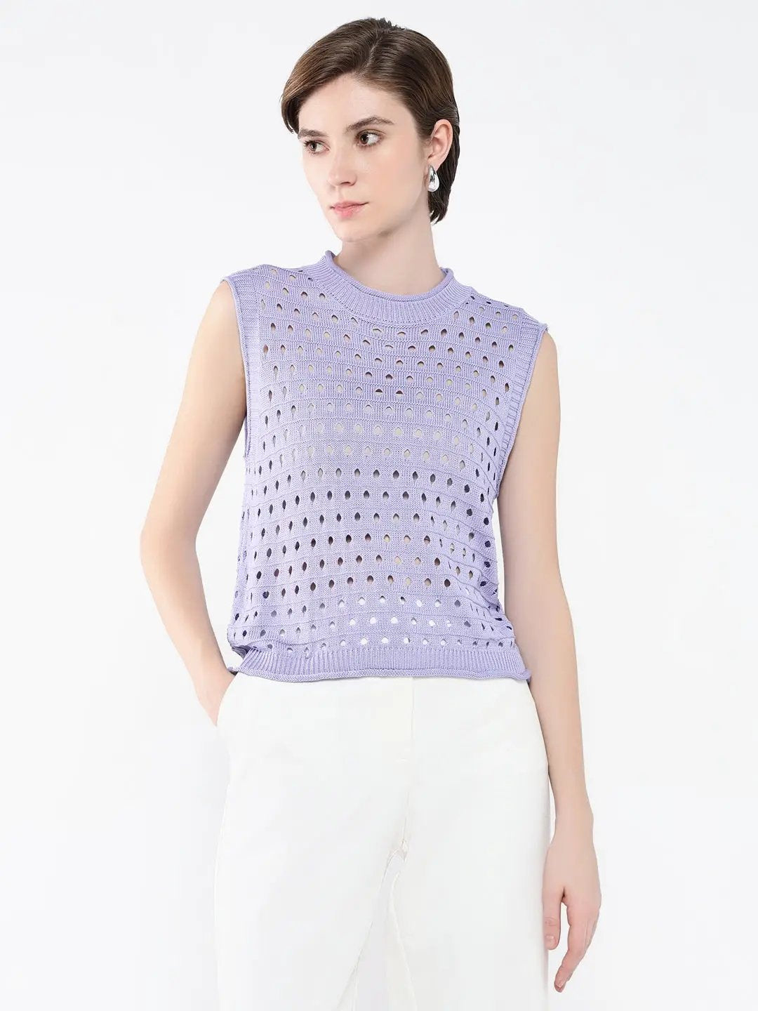Women's Purple Self Design High Neck Acrylic Top