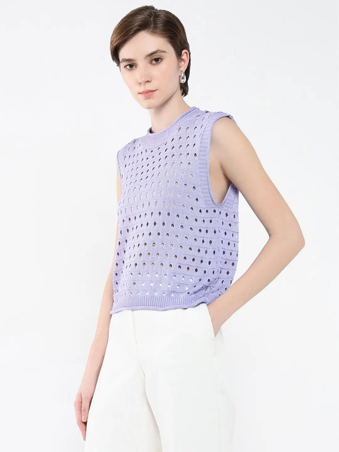 Women's Purple Self Design High Neck Acrylic Top