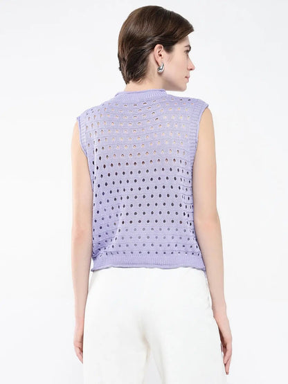 Women's Purple Self Design High Neck Acrylic Top