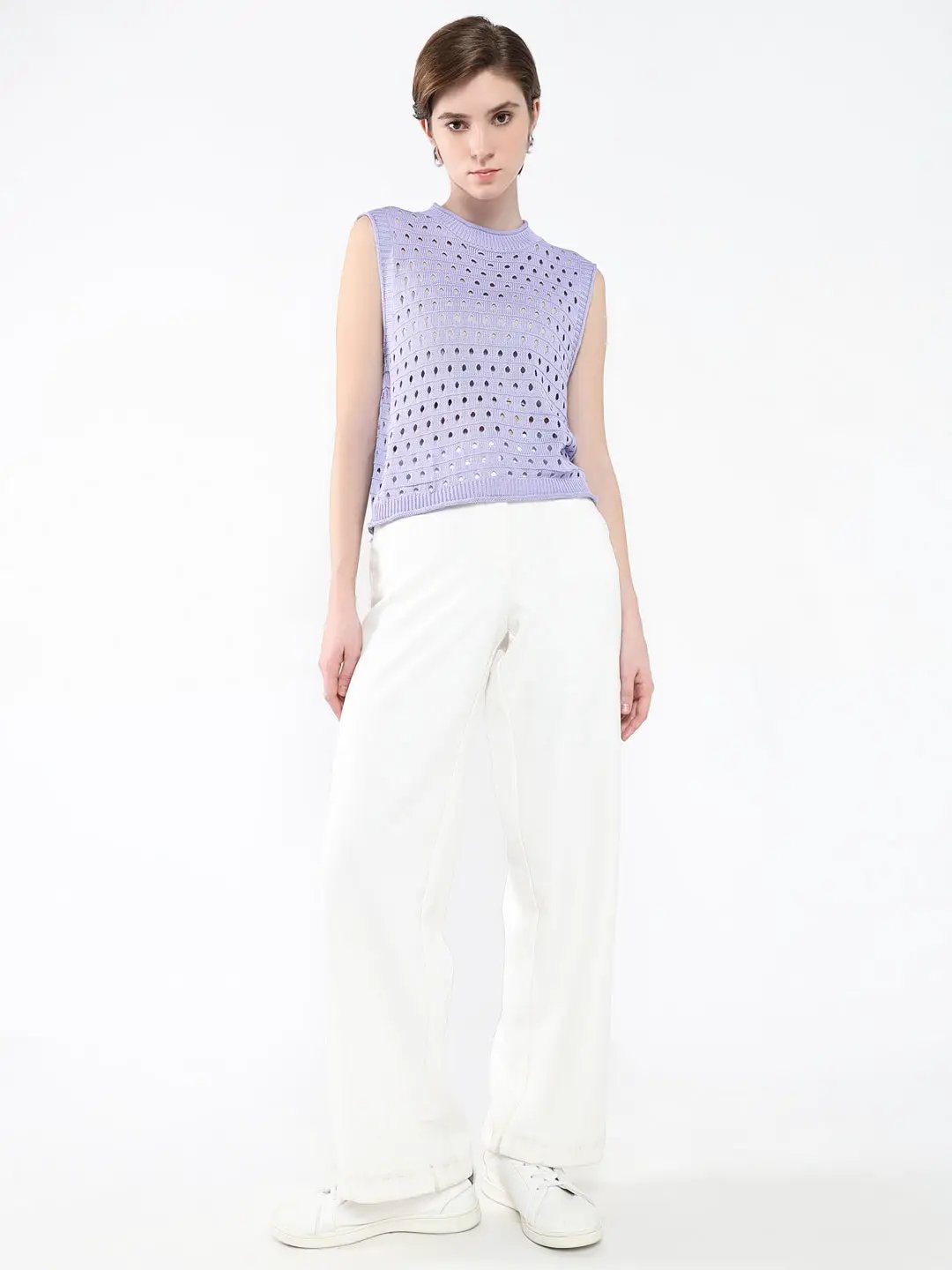 Women's Purple Self Design High Neck Acrylic Top