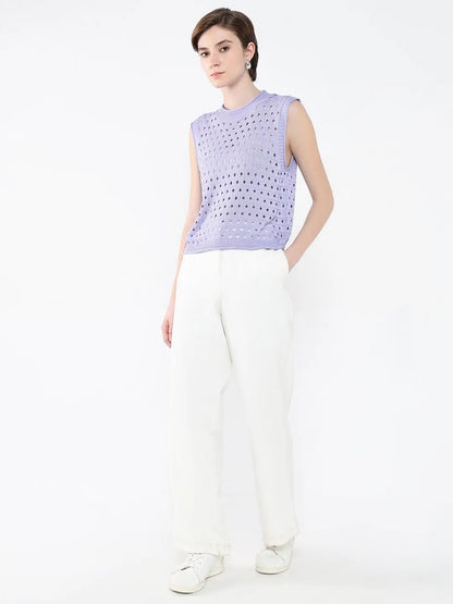 Women's Purple Self Design High Neck Acrylic Top