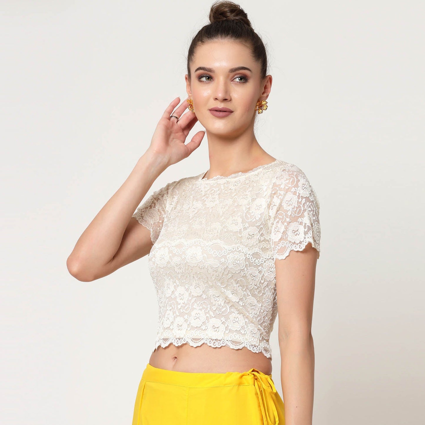 Off White Lace Boat Neck Blouse