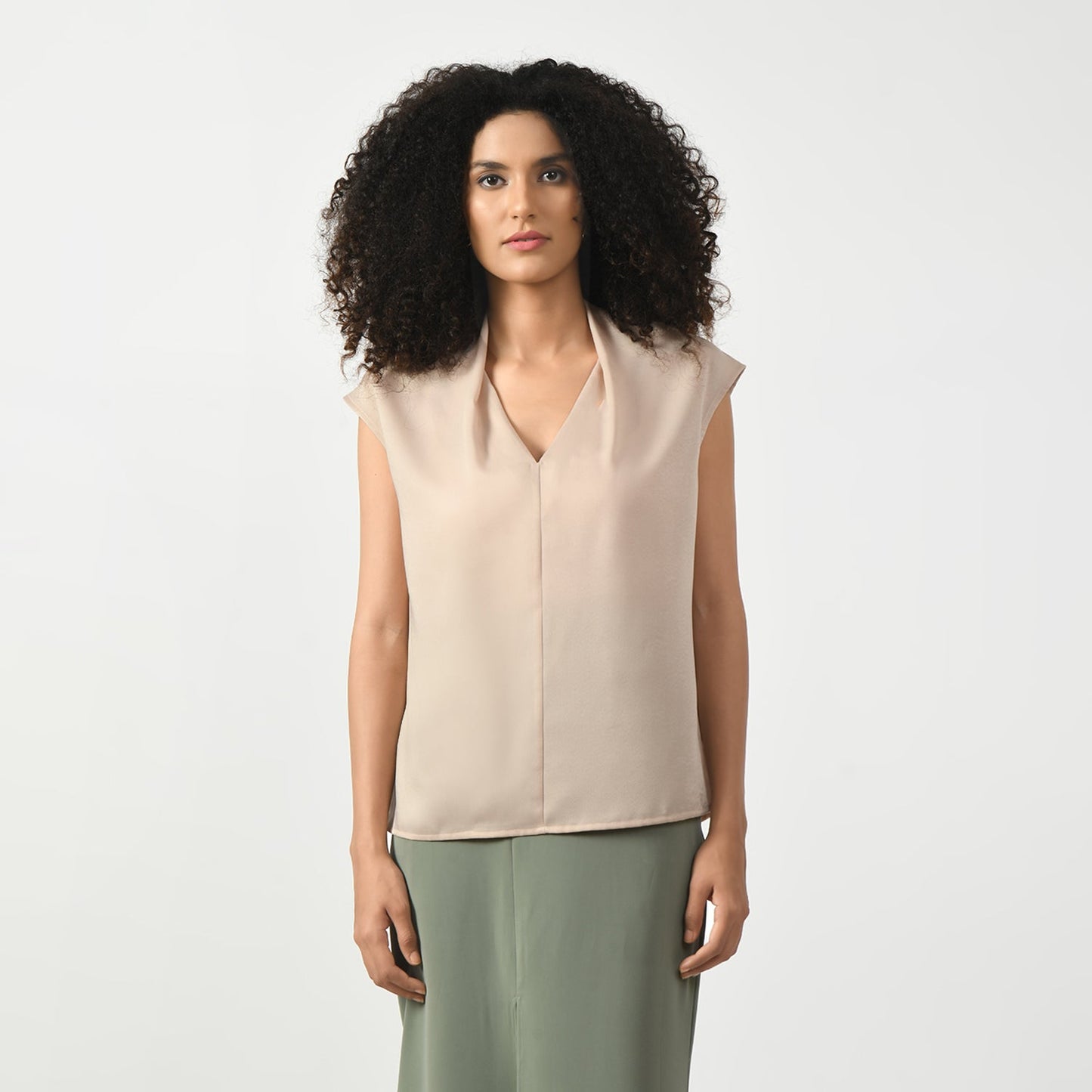 Off White Satin V Neck Top