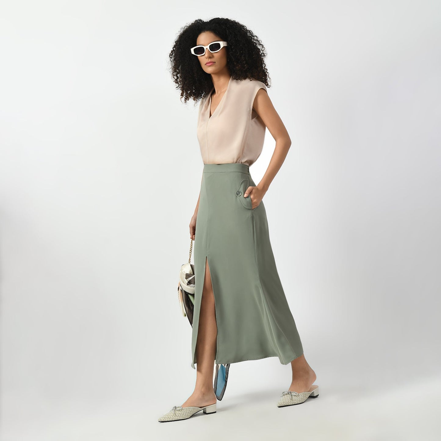 Off White Satin V Neck Top