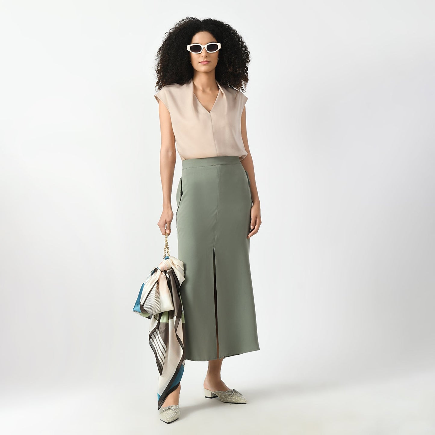Off White Satin V Neck Top