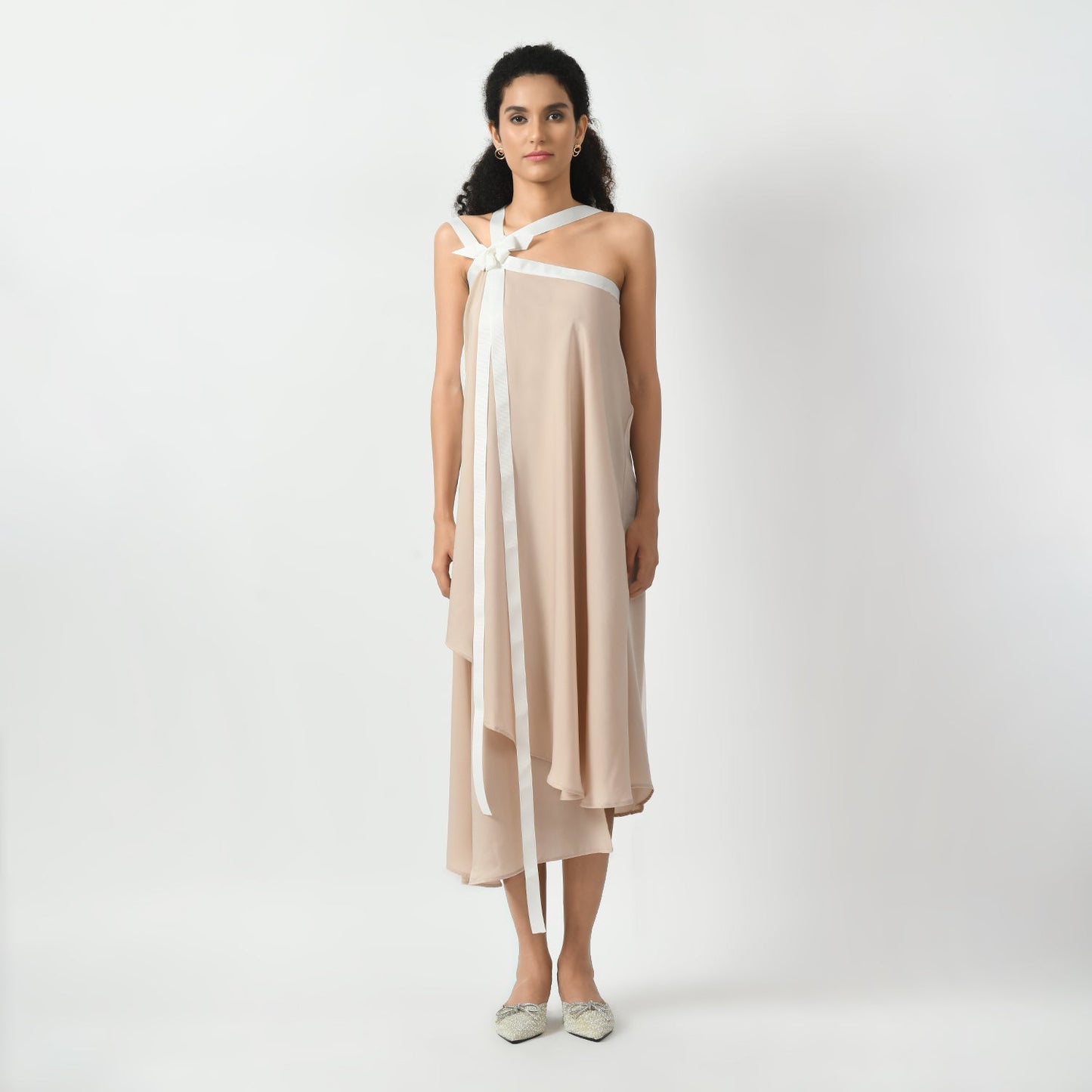 Off white Asymmetrical Dress With Ribbed Ribbon