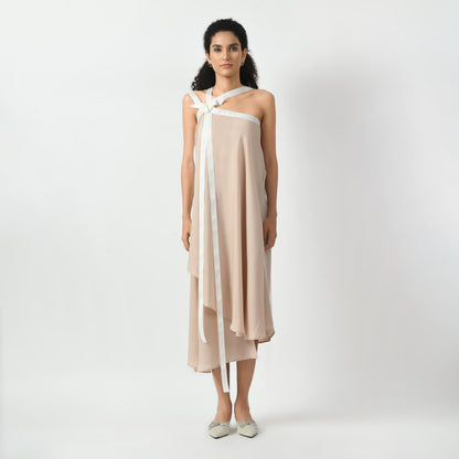 Off white Asymmetrical Dress With Ribbed Ribbon