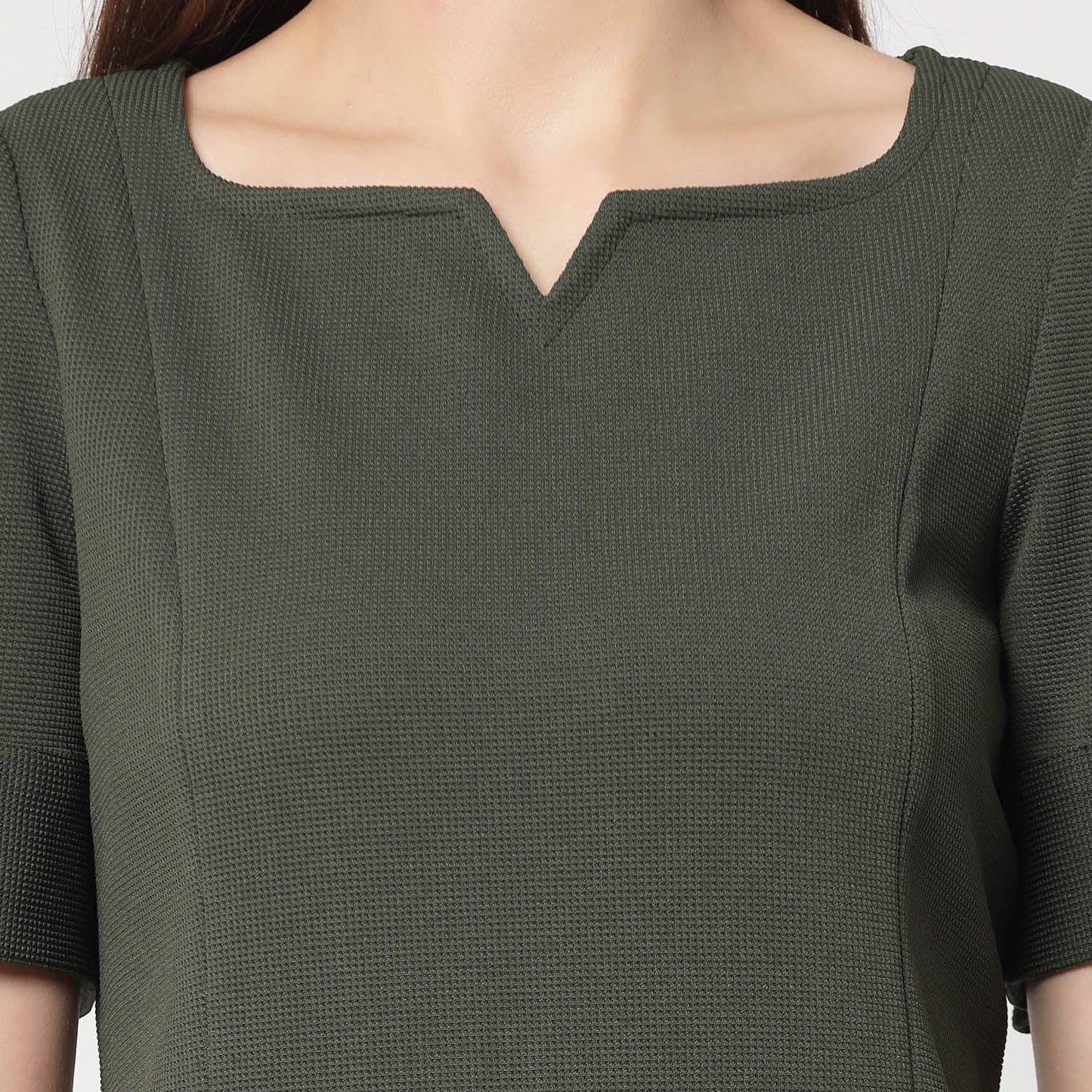 Olive Dress With Beige Inner Shirt